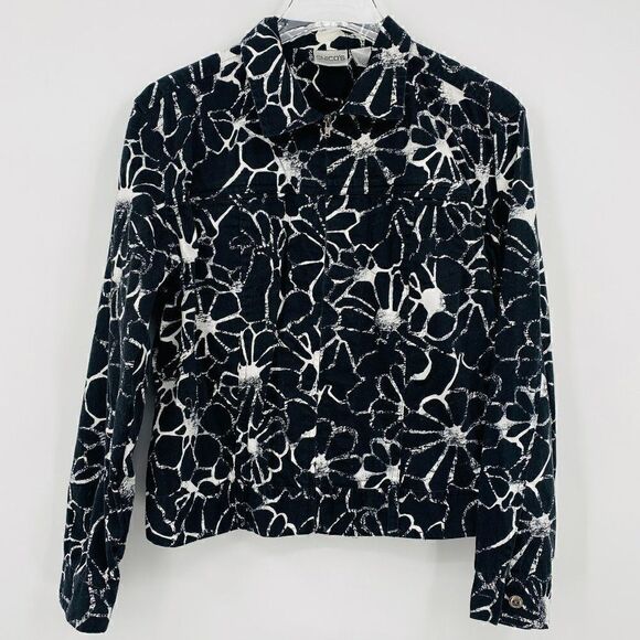 Chico's Size Medium Black & White Floral Long Sleeve Zip Up Shacket Top - Picture 1 of 7